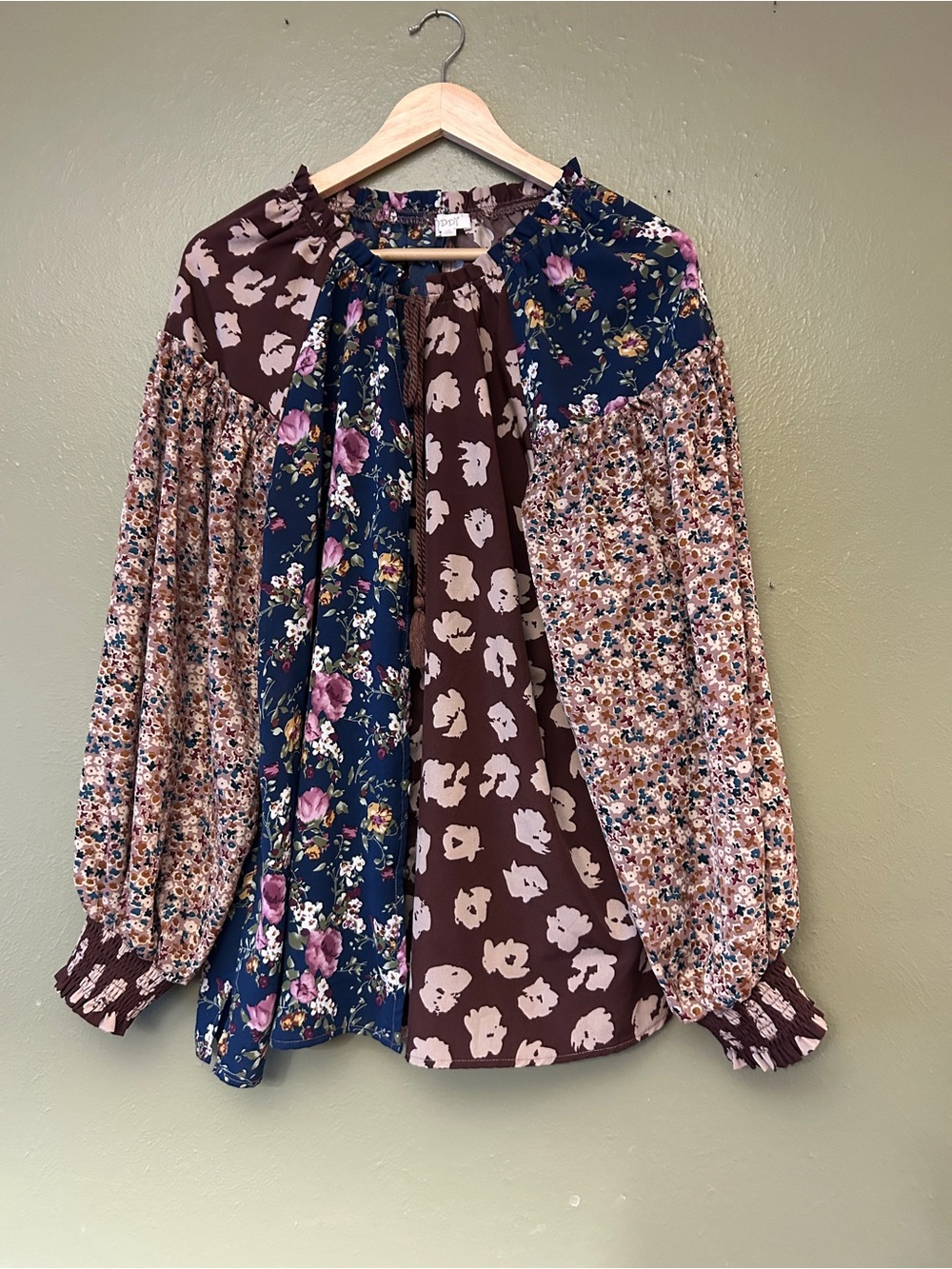 Mixed Floral Patchwork Peasant Blouse - Brown & Navy